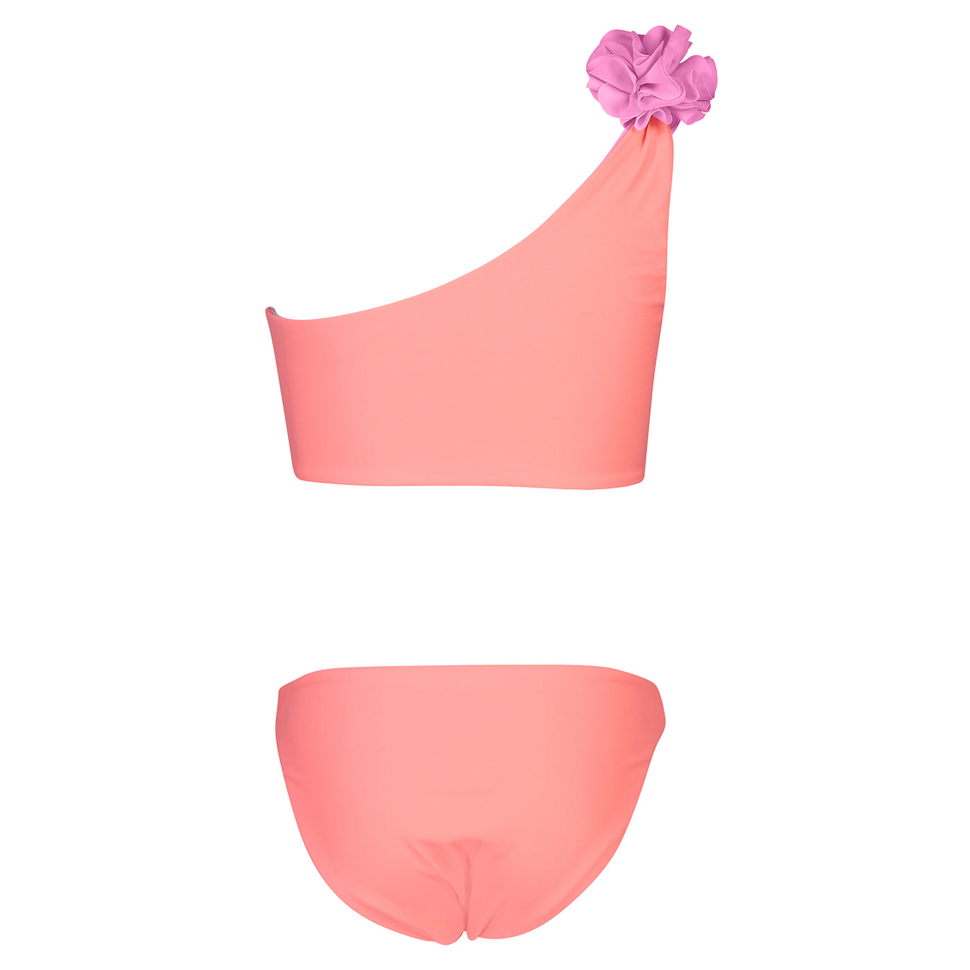 Neon Coral Reversible One Shoulder Bikini with Pom Pom